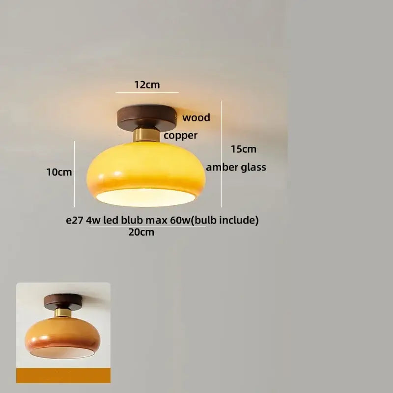 Amber ice crack glass wood ceiling light with warm amber glass pendant and wooden copper fixture for bedroom decorbites amber ice