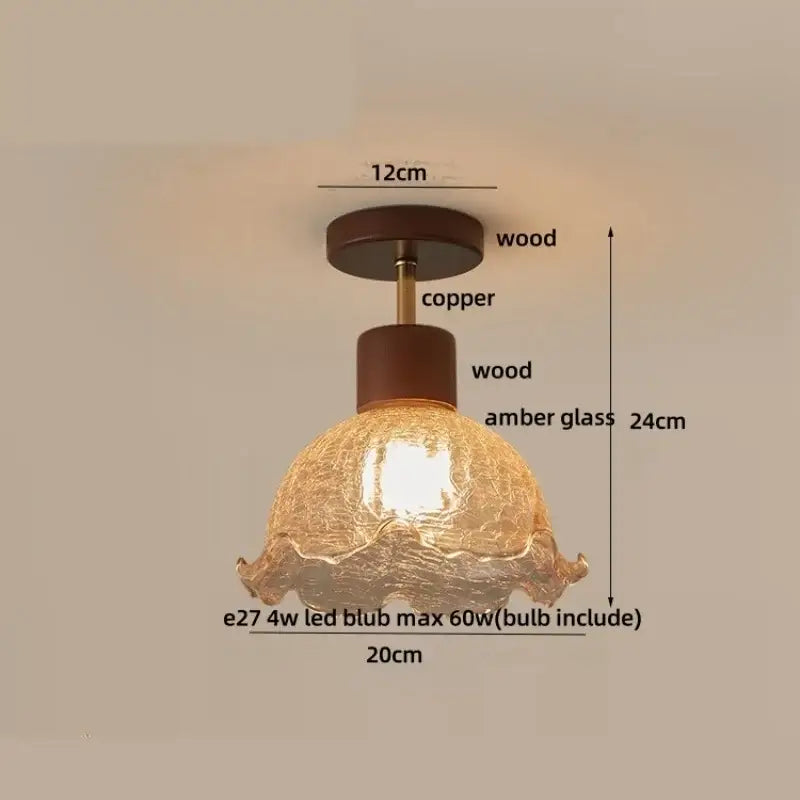 Warm amber ice crack glass ceiling light with wooden and copper fixture for bedroom decorbites amber ice style
