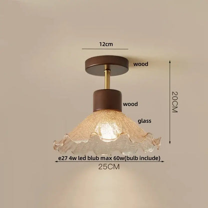 Amber ice crack glass ceiling light with warm-toned textured lampshade and dark wood decorbites amber ice mounting hardware