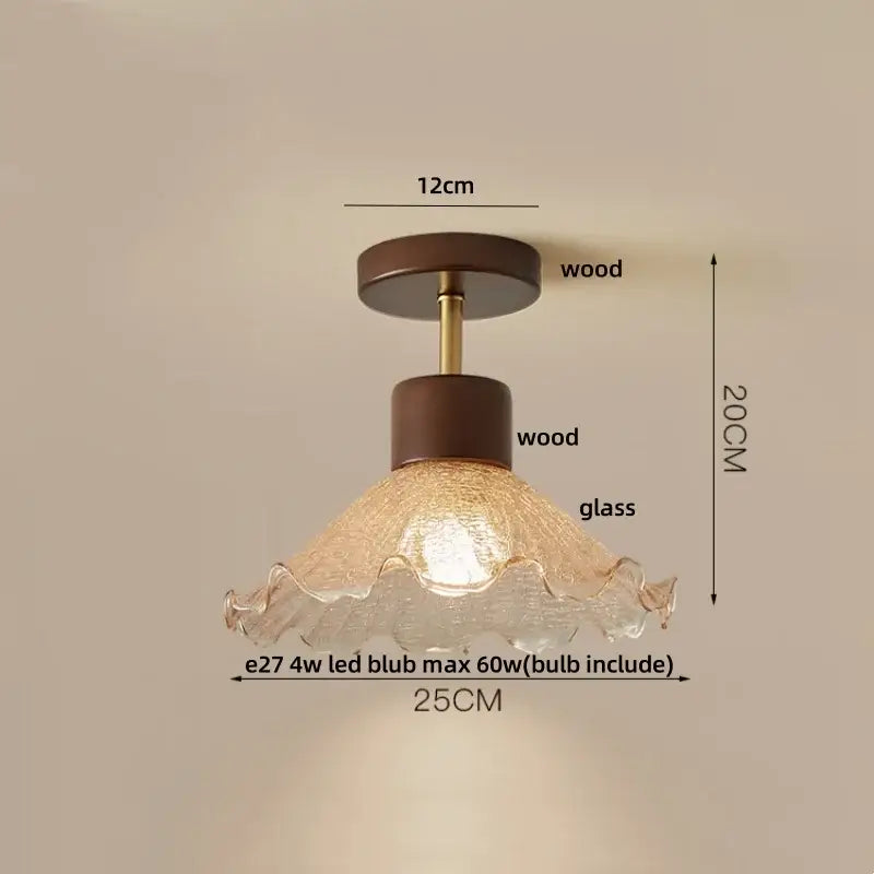 Amber ice crack glass ceiling light with warm-toned textured lampshade and dark wood decorbites amber ice mounting hardware