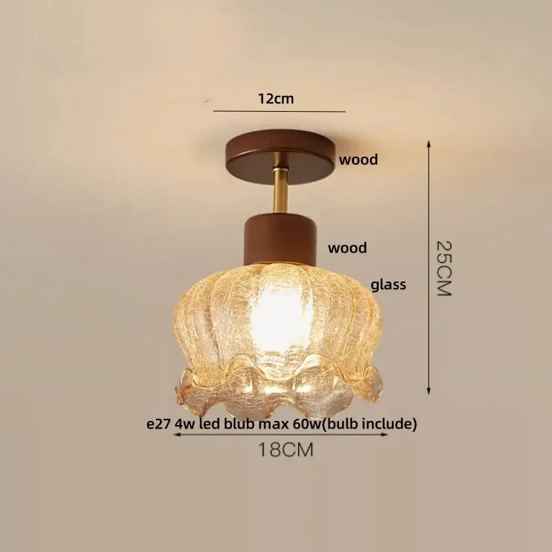 Amber ice crack glass wood ceiling light with warm tones brass accents for bedroom decorbites amber ice fixture