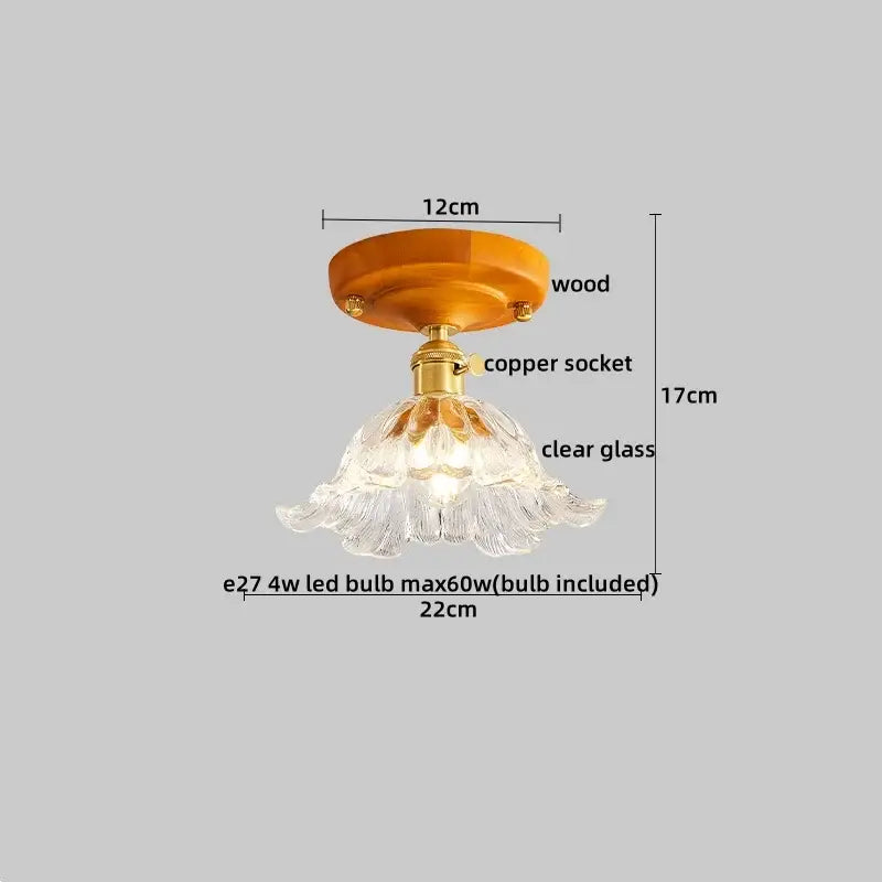 Amber leaf brass glass ceiling lamp with clear flower-shaped pendant light warm wood base decorbites brass glass