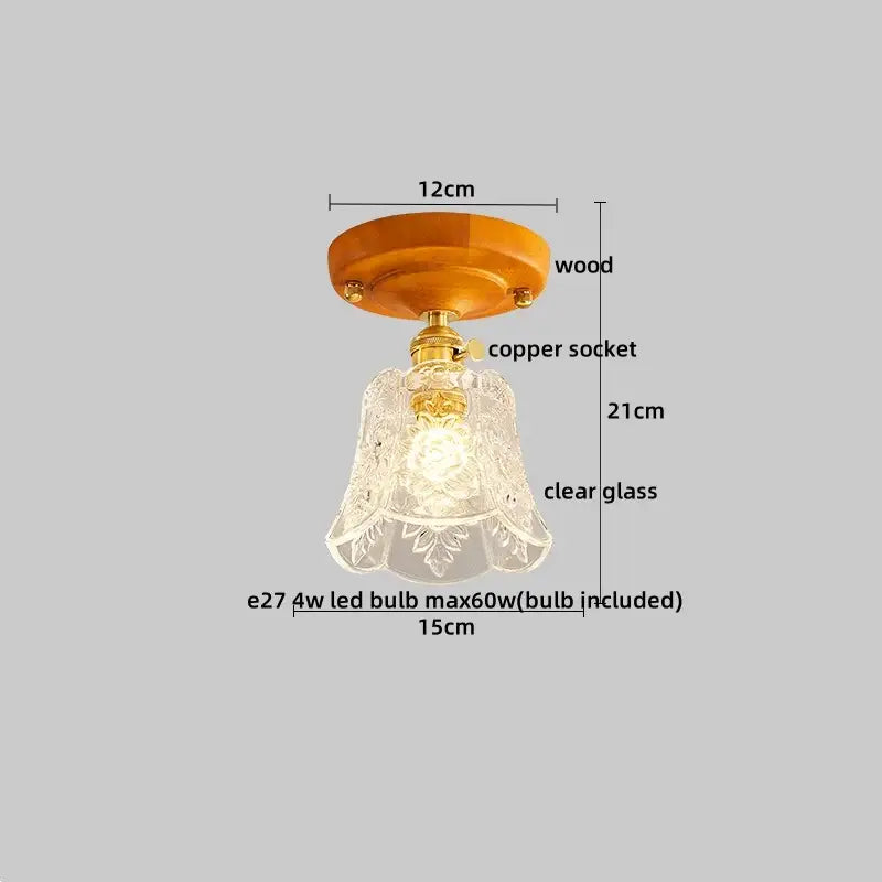 Vintage-style amber leaf brass glass ceiling lamp with warm wood base copper socket and etched clear glass shade