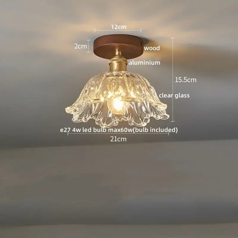 Vintage-style amber leaf brass glass ceiling lamp with wooden base and ornate clear glass shade for bedroom decorbites brass glass
