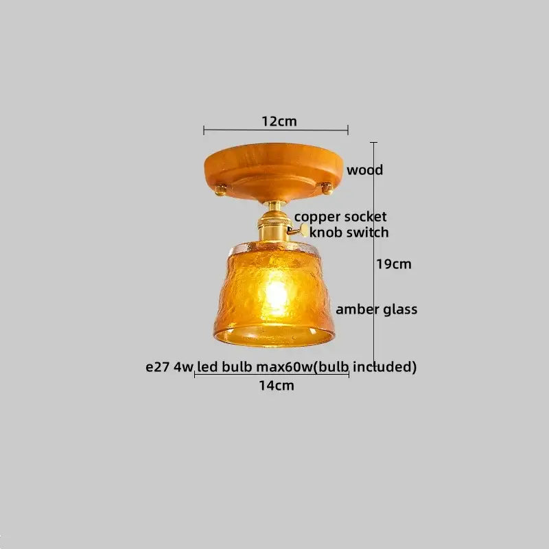 Amber leaf brass glass ceiling lamp with warm amber pendant light, wooden mount, and copper socket for decorbites brass glass decor