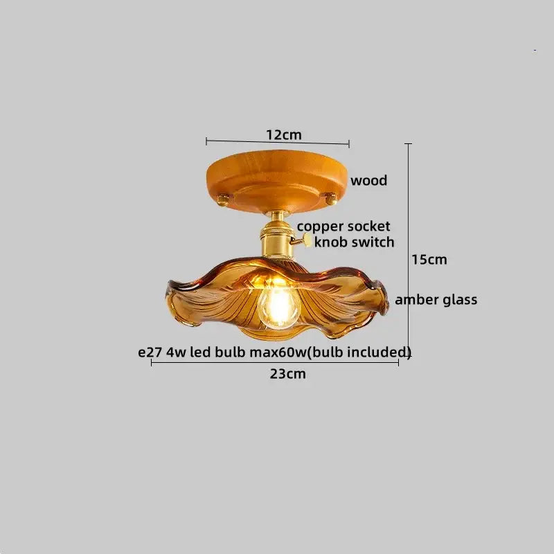 Amber leaf brass glass ceiling lamp with warm amber glass, wooden mount, and copper socket for bedroom decorbites brass glass lighting