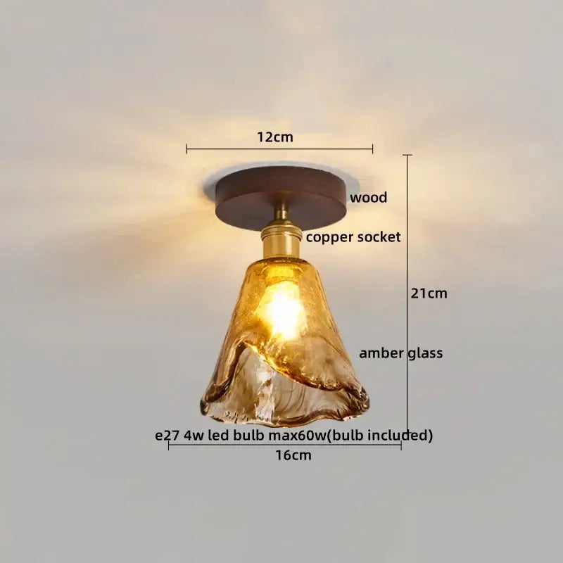 Warm amber glass pendant ceiling lamp with wooden base and copper socket for brass glass ceiling decorbites brass glass