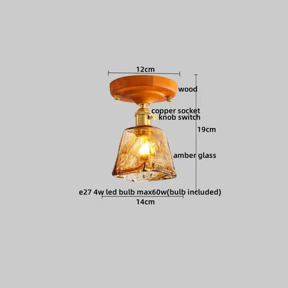 Amber leaf brass glass ceiling lamp with warm amber glass pendant, wooden ceiling mount, and copper socket decorbites brass glass