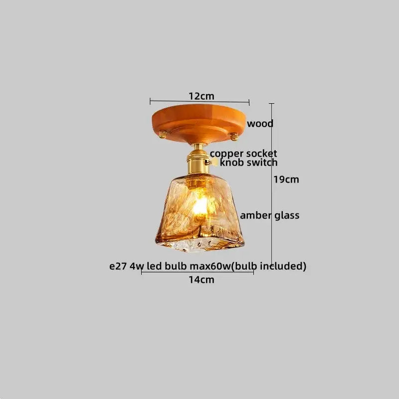 Amber leaf brass glass ceiling lamp with warm amber glass pendant, wooden ceiling mount, and copper socket decorbites brass glass