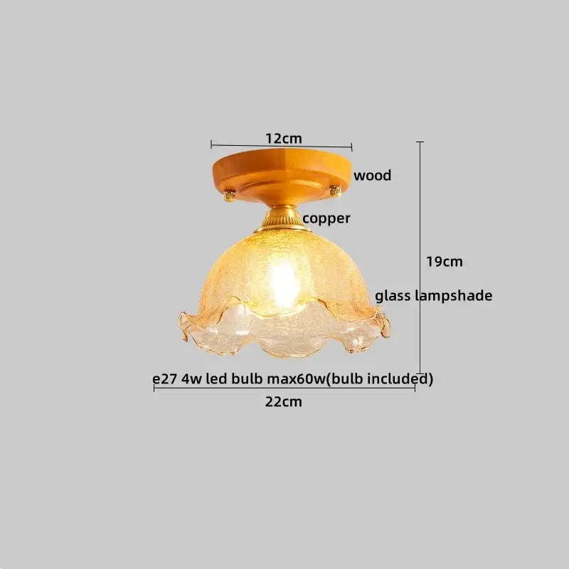 Amber leaf brass glass ceiling lamp with warm-toned scalloped glass shade and copper-finished wood base by decorbites brass glass