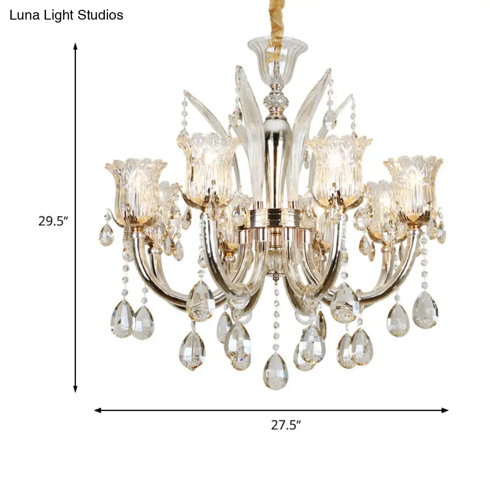 Lámpara colgante color ámbar con pantalla de cristal transparente con diseño floral - Lámpara moderna para sala de estar, 6/8 bombillas, 23,5"/27,5" de ancho