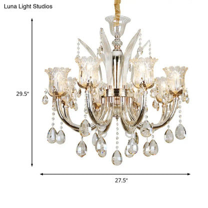 Lámpara colgante color ámbar con pantalla de cristal transparente con diseño floral - Lámpara moderna para sala de estar, 6/8 bombillas, 23,5"/27,5" de ancho