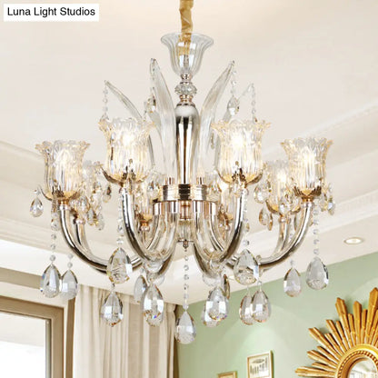 Lámpara colgante color ámbar con pantalla de cristal transparente con diseño floral - Lámpara moderna para sala de estar, 6/8 bombillas, 23,5"/27,5" de ancho