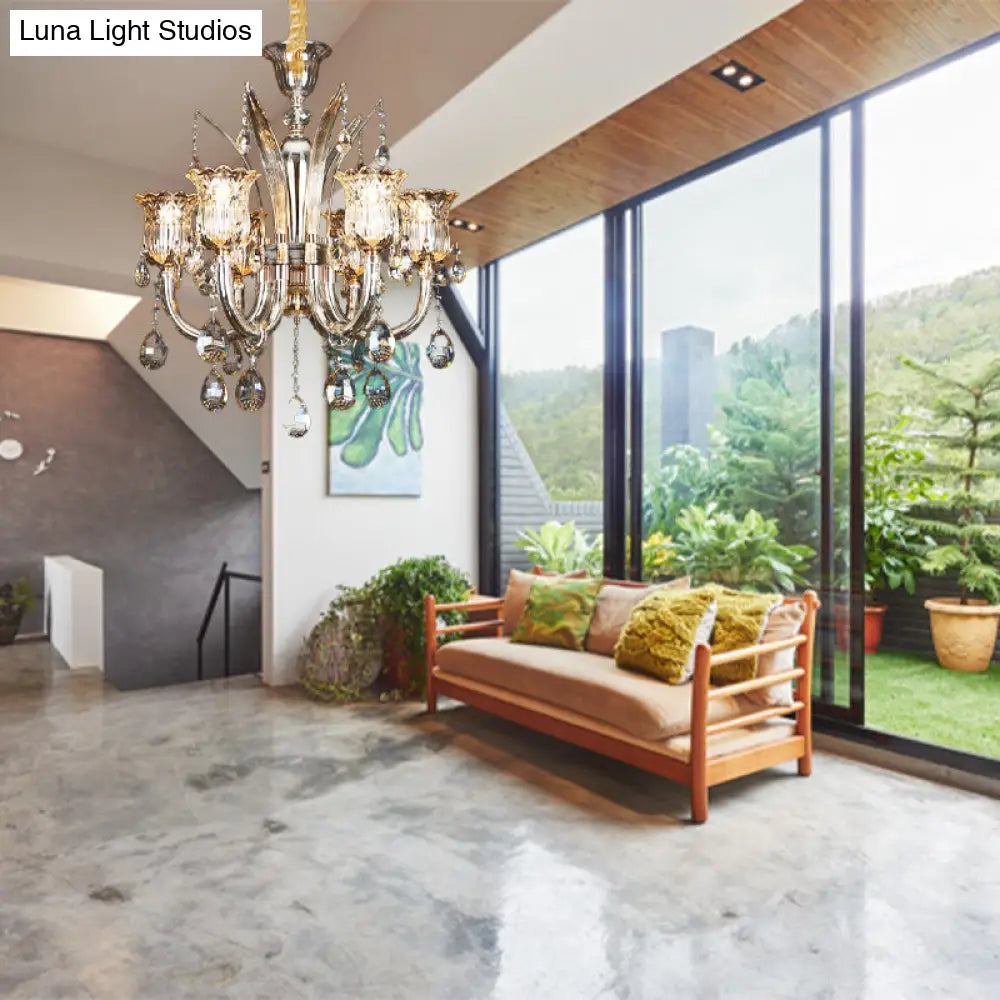 Lámpara colgante color ámbar con pantalla de cristal transparente con diseño floral - Lámpara moderna para sala de estar, 6/8 bombillas, 23,5"/27,5" de ancho