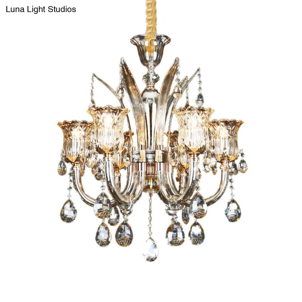 Lámpara colgante color ámbar con pantalla de cristal transparente con diseño floral - Lámpara moderna para sala de estar, 6/8 bombillas, 23,5"/27,5" de ancho