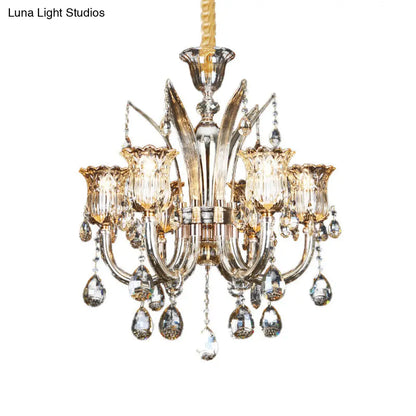 Lámpara colgante color ámbar con pantalla de cristal transparente con diseño floral - Lámpara moderna para sala de estar, 6/8 bombillas, 23,5"/27,5" de ancho