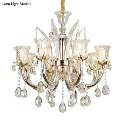 Lámpara colgante color ámbar con pantalla de cristal transparente con diseño floral - Lámpara moderna para sala de estar, 6/8 bombillas, 23,5"/27,5" de ancho