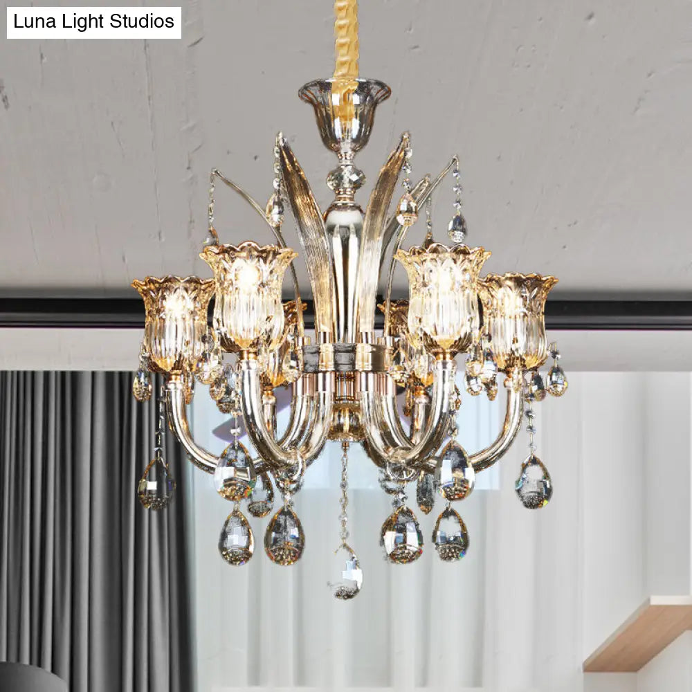 Lámpara colgante color ámbar con pantalla de cristal transparente con diseño floral - Lámpara moderna para sala de estar, 6/8 bombillas, 23,5"/27,5" de ancho