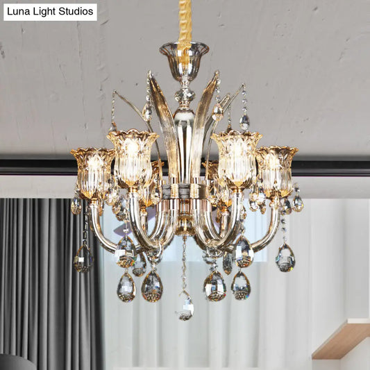 Lámpara colgante color ámbar con pantalla de cristal transparente con diseño floral - Lámpara moderna para sala de estar, 6/8 bombillas, 23,5"/27,5" de ancho