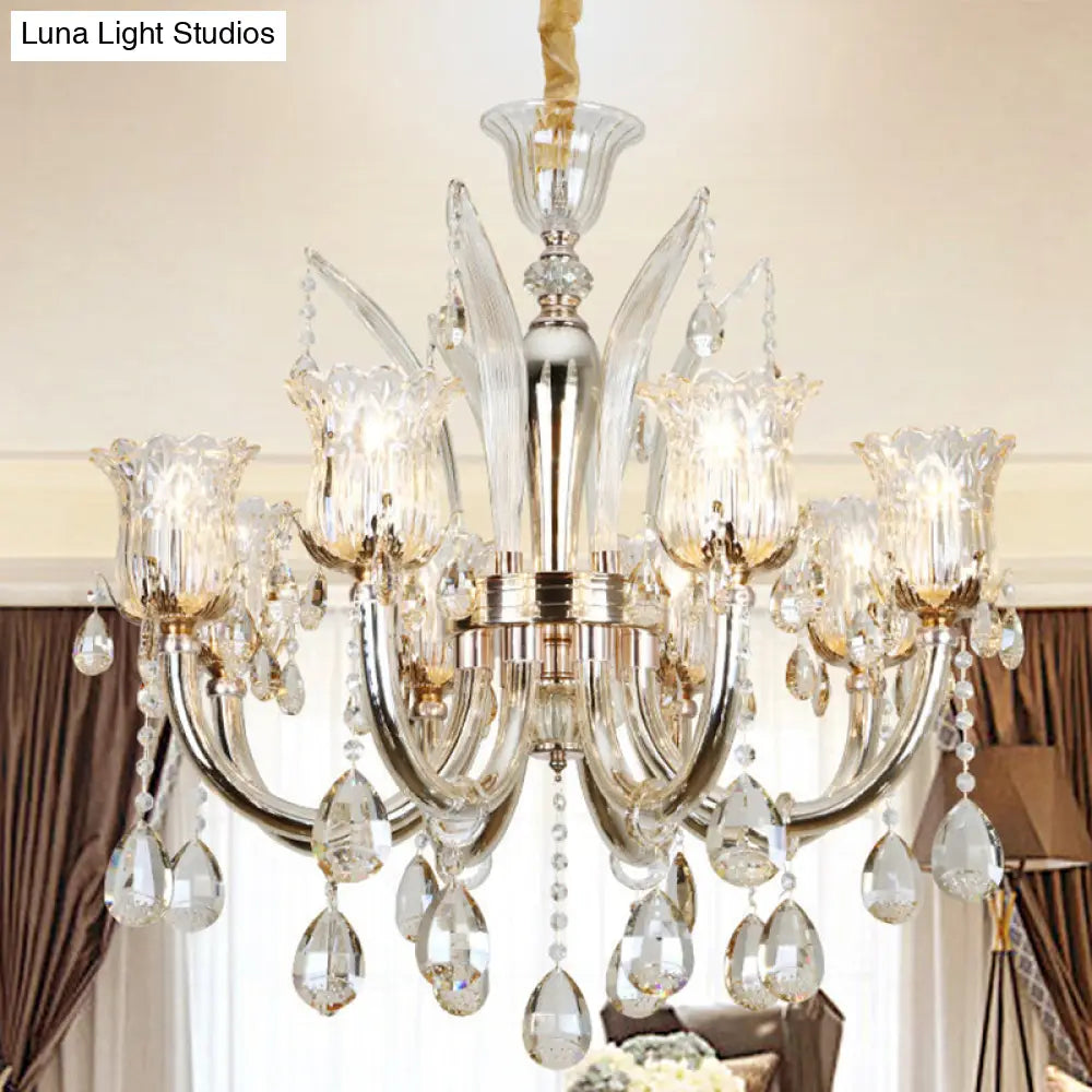 Lámpara colgante color ámbar con pantalla de cristal transparente con diseño floral - Lámpara moderna para sala de estar, 6/8 bombillas, 23,5"/27,5" de ancho