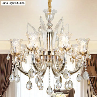 Lámpara colgante color ámbar con pantalla de cristal transparente con diseño floral - Lámpara moderna para sala de estar, 6/8 bombillas, 23,5"/27,5" de ancho