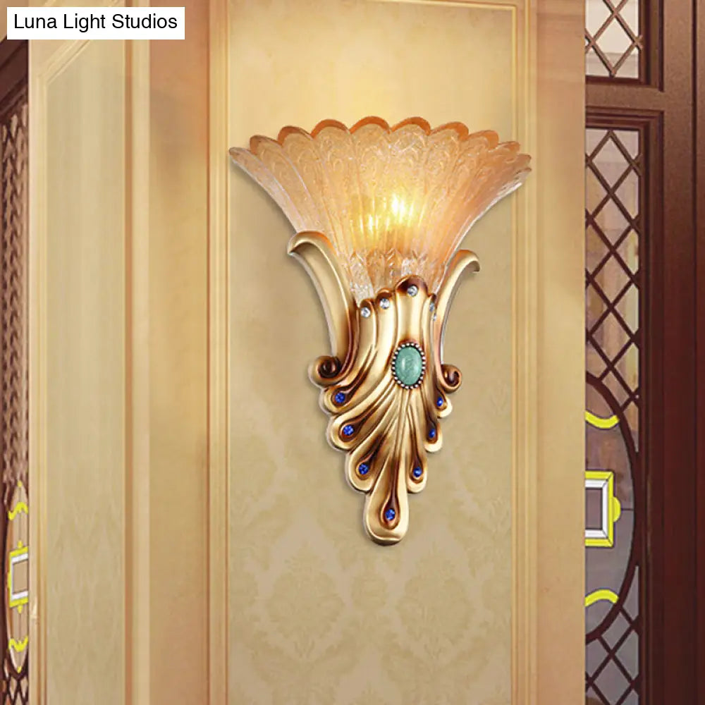 Aplique de pared de cristal ámbar acanalado - Estilo loft - Iluminación de pared dorada de 1 bombilla