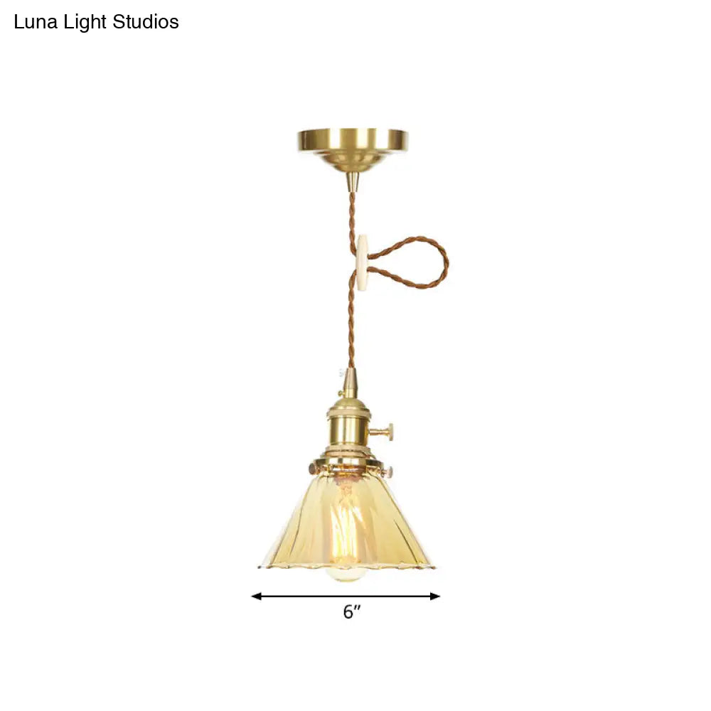 Amber Ruffle Glass Pendant Lamp - Retro Flared Style, 1-Light Ceiling Hanging Light for Kitchen