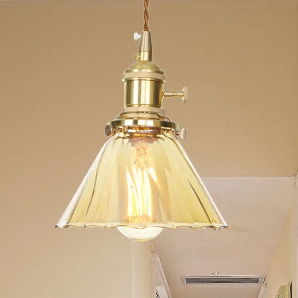 Amber Ruffle Glass Pendant Lamp - Retro Flared Style, 1-Light Ceiling Hanging Light for Kitchen