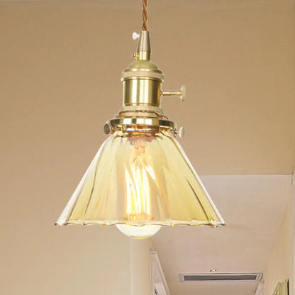 Amber Ruffle Glass Pendant Lamp - Retro Flared Style, 1-Light Ceiling Hanging Light for Kitchen