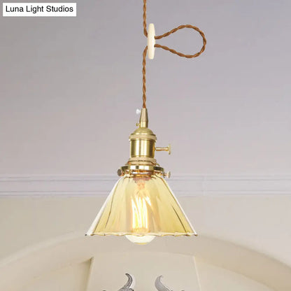 Amber Ruffle Glass Pendant Lamp - Retro Flared Style, 1-Light Ceiling Hanging Light for Kitchen