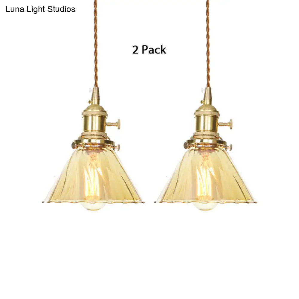 Amber Ruffle Glass Pendant Lamp - Retro Flared Style, 1-Light Ceiling Hanging Light for Kitchen