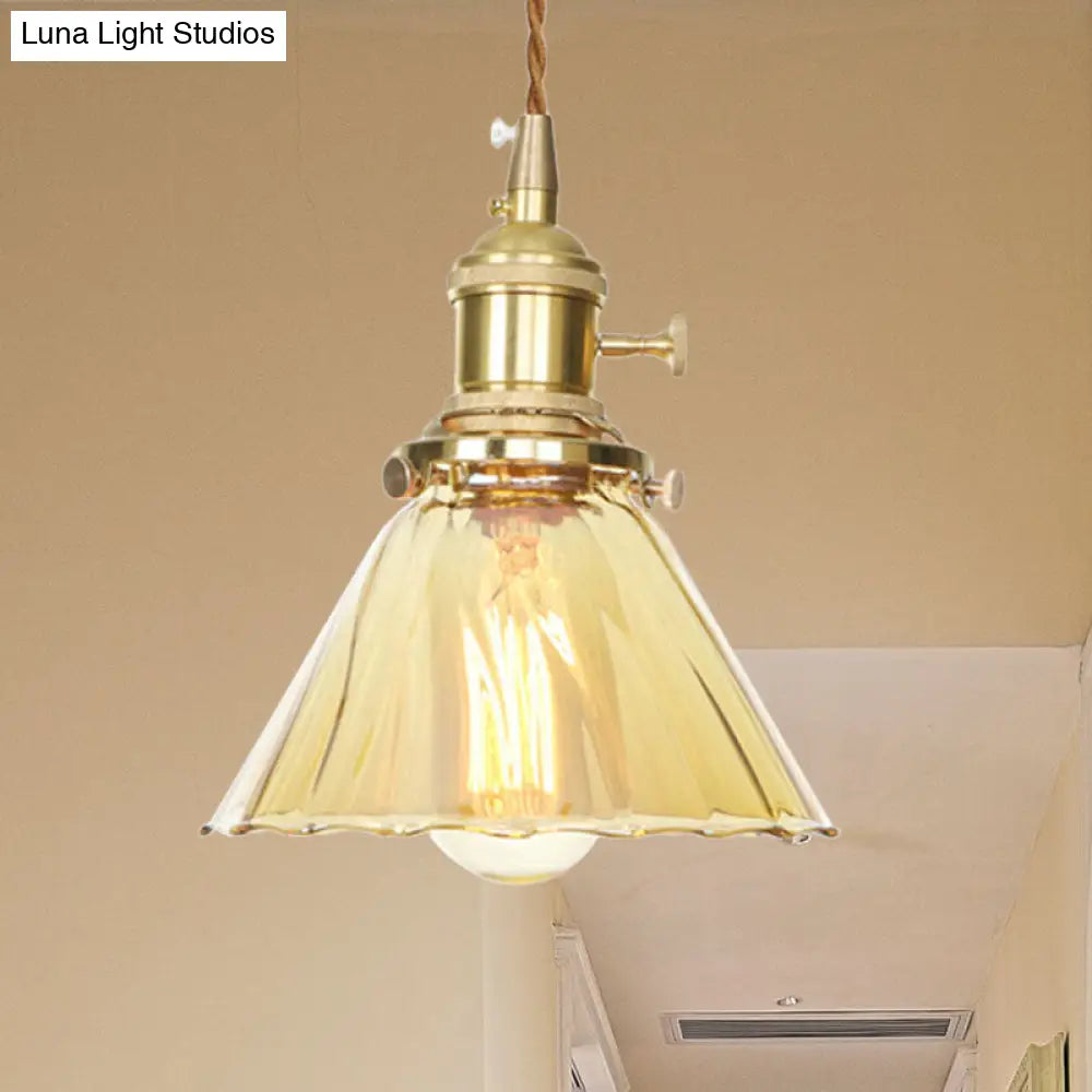 Amber Ruffle Glass Pendant Lamp - Retro Flared Style, 1-Light Ceiling Hanging Light for Kitchen