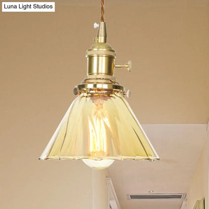 Amber Ruffle Glass Pendant Lamp - Retro Flared Style, 1-Light Ceiling Hanging Light for Kitchen