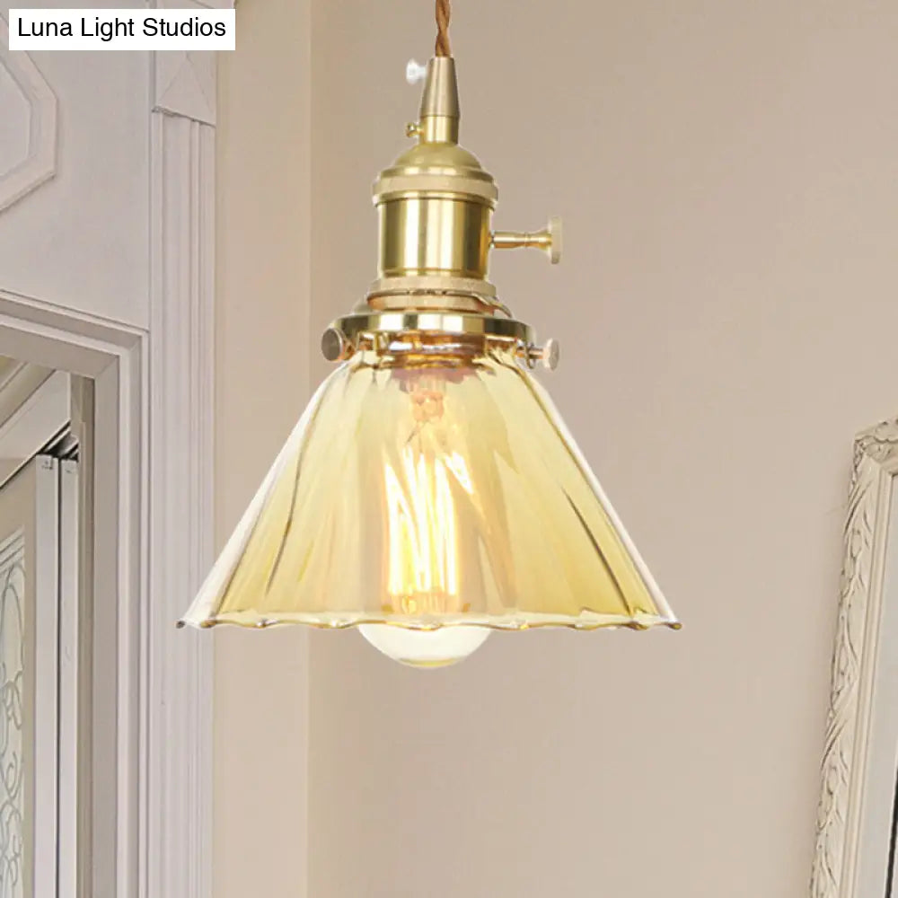 Amber Ruffle Glass Pendant Lamp - Retro Flared Style, 1-Light Ceiling Hanging Light for Kitchen