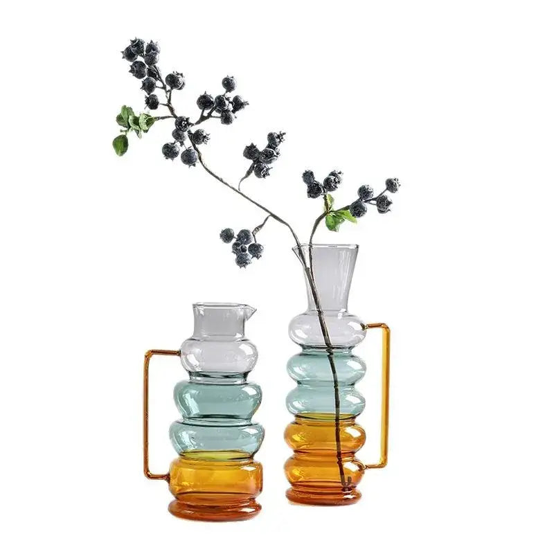 Stacked amber teal and clear glass bubble ring vase set with gold toned handles for living room decorbites glass bubble decor