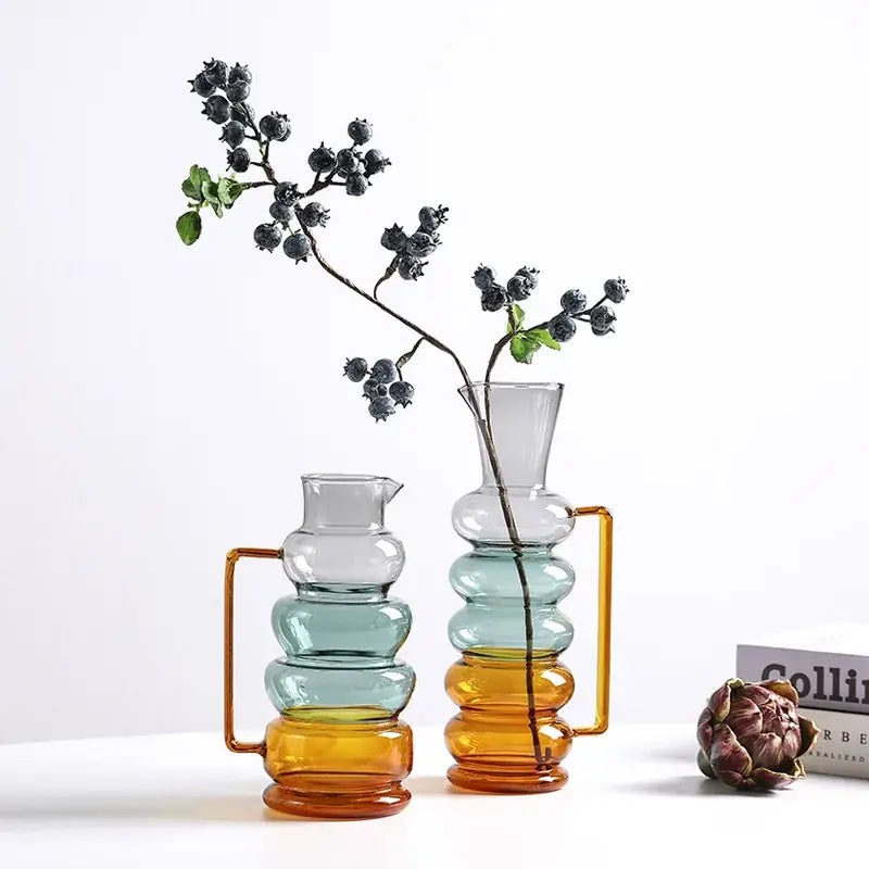 Stacked glass bubble ring vase with layered amber and teal segments and a gold-toned handle for living room decorbites decor