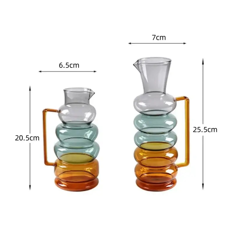 Two stacked amber and teal glass bubble ring vases with tiered colorful segments and gold-toned handles decorbites glass bubble