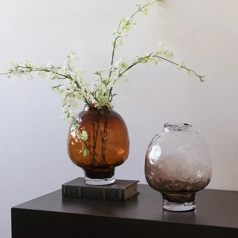 Amber-colored textured decorbites gradient glass vase with rounded body and clear base for living room decor