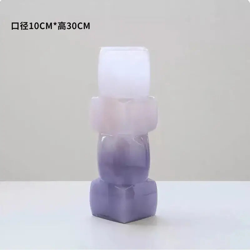 A translucent lavender and white stacked geometric decorbites gradient glass vase for living room decor