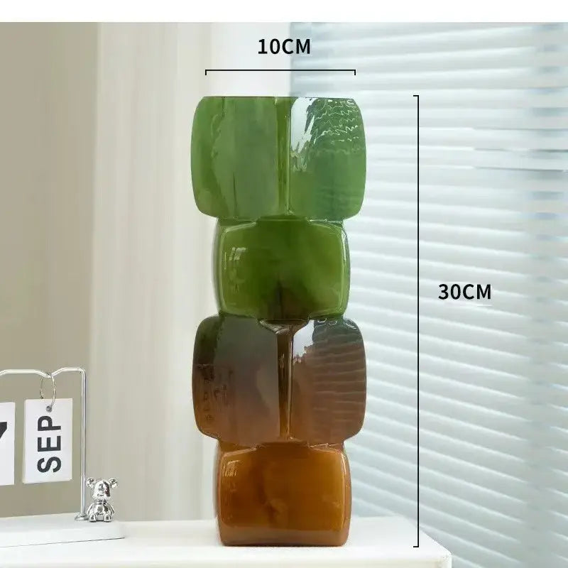 A tall glossy ceramic decorbites gradient glass vase with stacked green and amber segments for living room decor