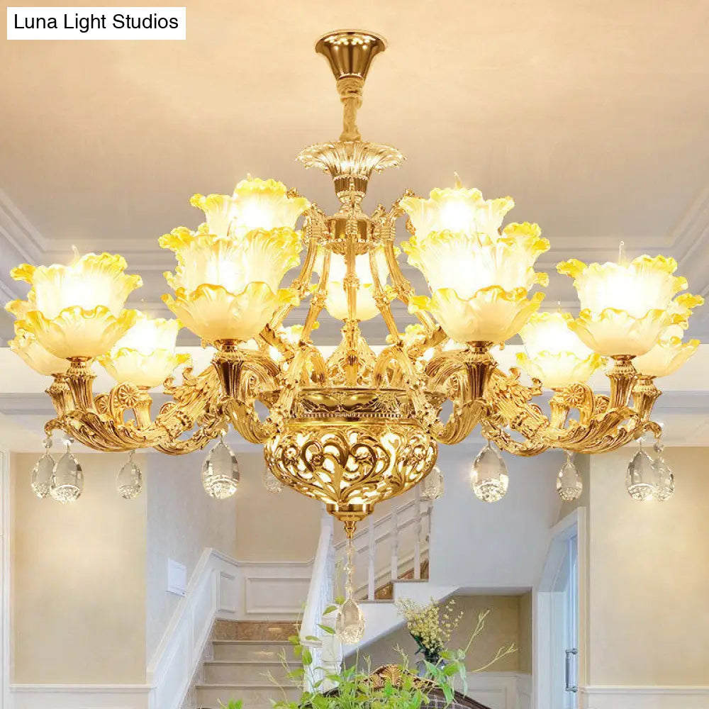 Lámpara colgante modernista de cristal texturizado ámbar - Lámpara de techo Petal para salón en dorado