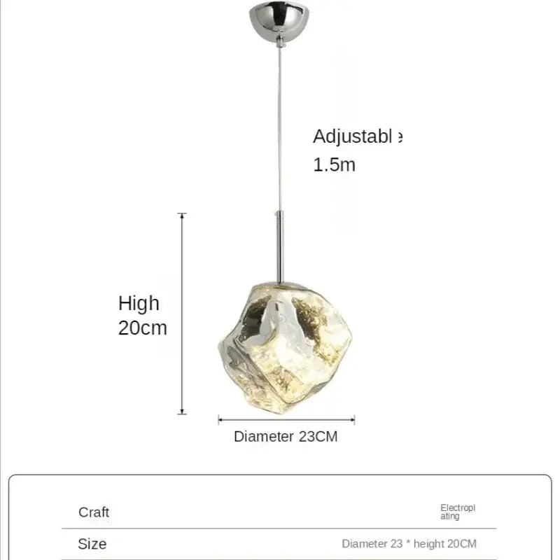 Amber textured ice glass pendant light with irregular shape and chrome finish hanging from adjustable chain for dining room decorbites ice glass