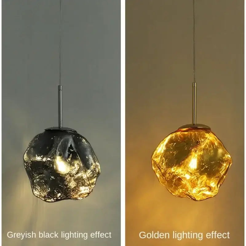 Amber textured ice glass pendant light with irregular greyish black or golden glass globe for dining room decorbites ice glass