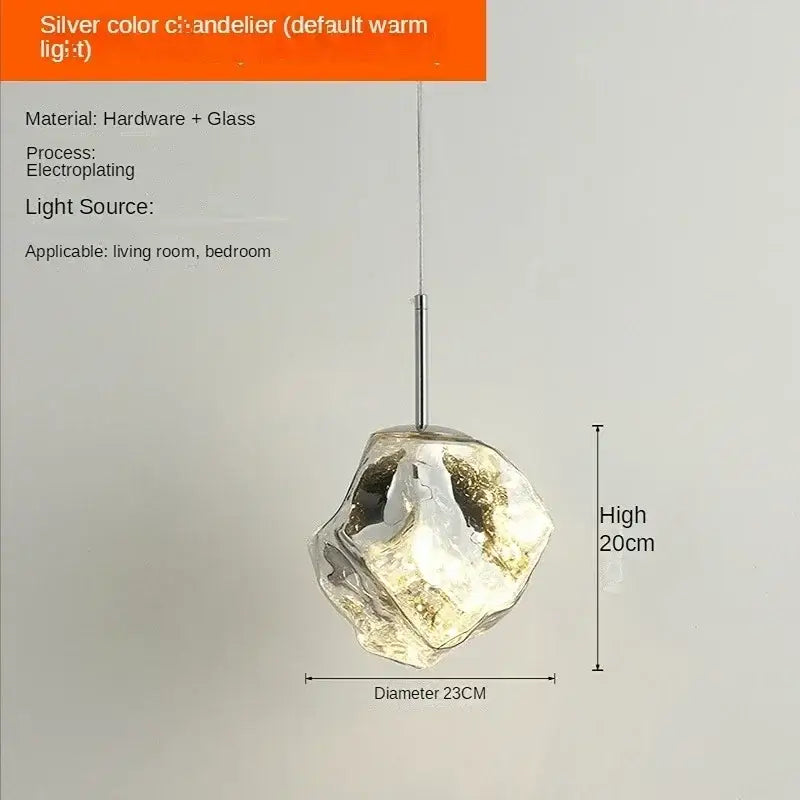 Silver-colored modern pendant light with faceted decorbites ice glass globe and metallic hardware for dining room