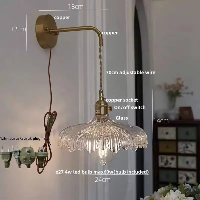 Antique brass-finished amber vintage led wall light with clear fluted glass shade and adjustable copper wire decorbites amber vintage