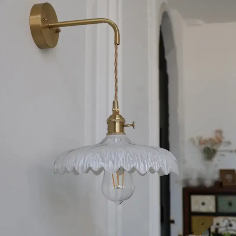 Delicate white glass pendant wall light with scalloped textured shade and brass hardware for decorbites amber vintage led