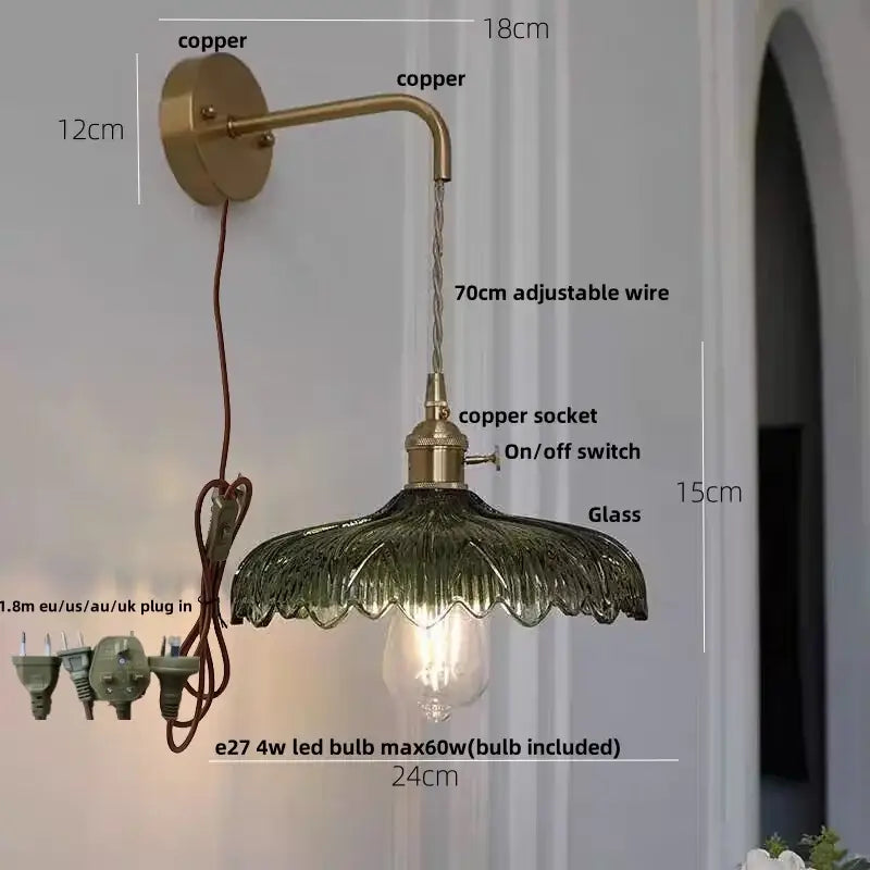 Amber vintage led wall light brass sconce with scalloped green glass shade and exposed bulb for bedroom decorbites amber vintage