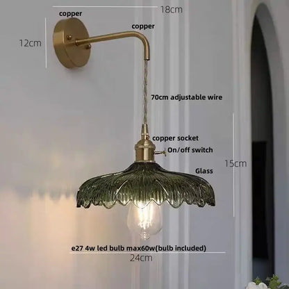 Amber vintage led wall light with copper metal arm and green scalloped glass shade ideal for bedroom decorbites amber vintage