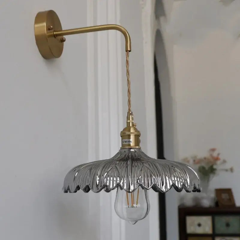 Amber vintage led brass wall light with clear petal-shaped glass shade and pull chain for bedroom decorbites amber vintage