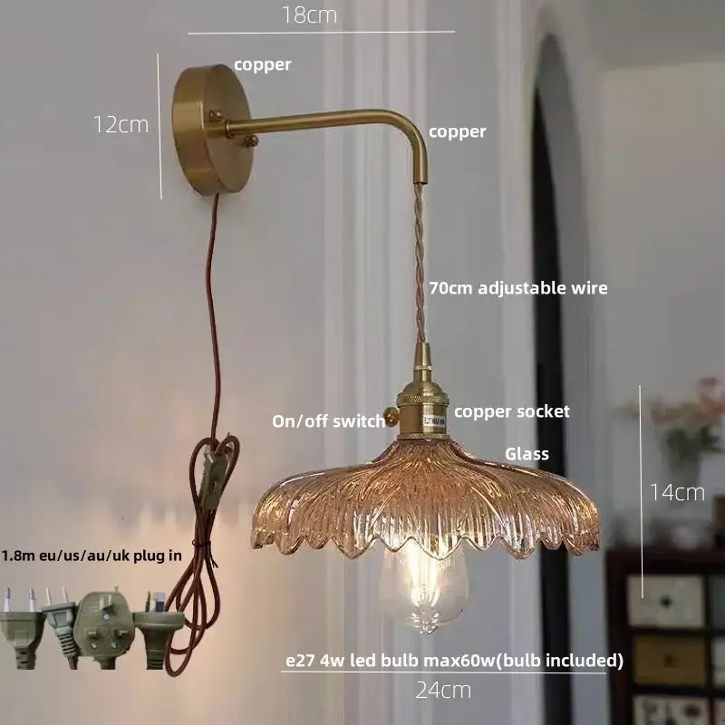 Antique brass-finished wall light with amber vintage led textured glass shade and pull chain for bedroom decorbites amber vintage